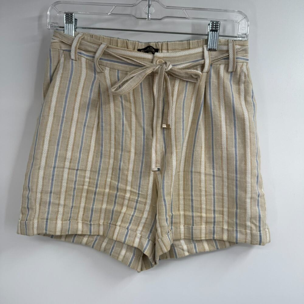 Massimo Dutti Paperbag Shorts Women 36 US 4 Beige Blue Striped Linen Tie Waist